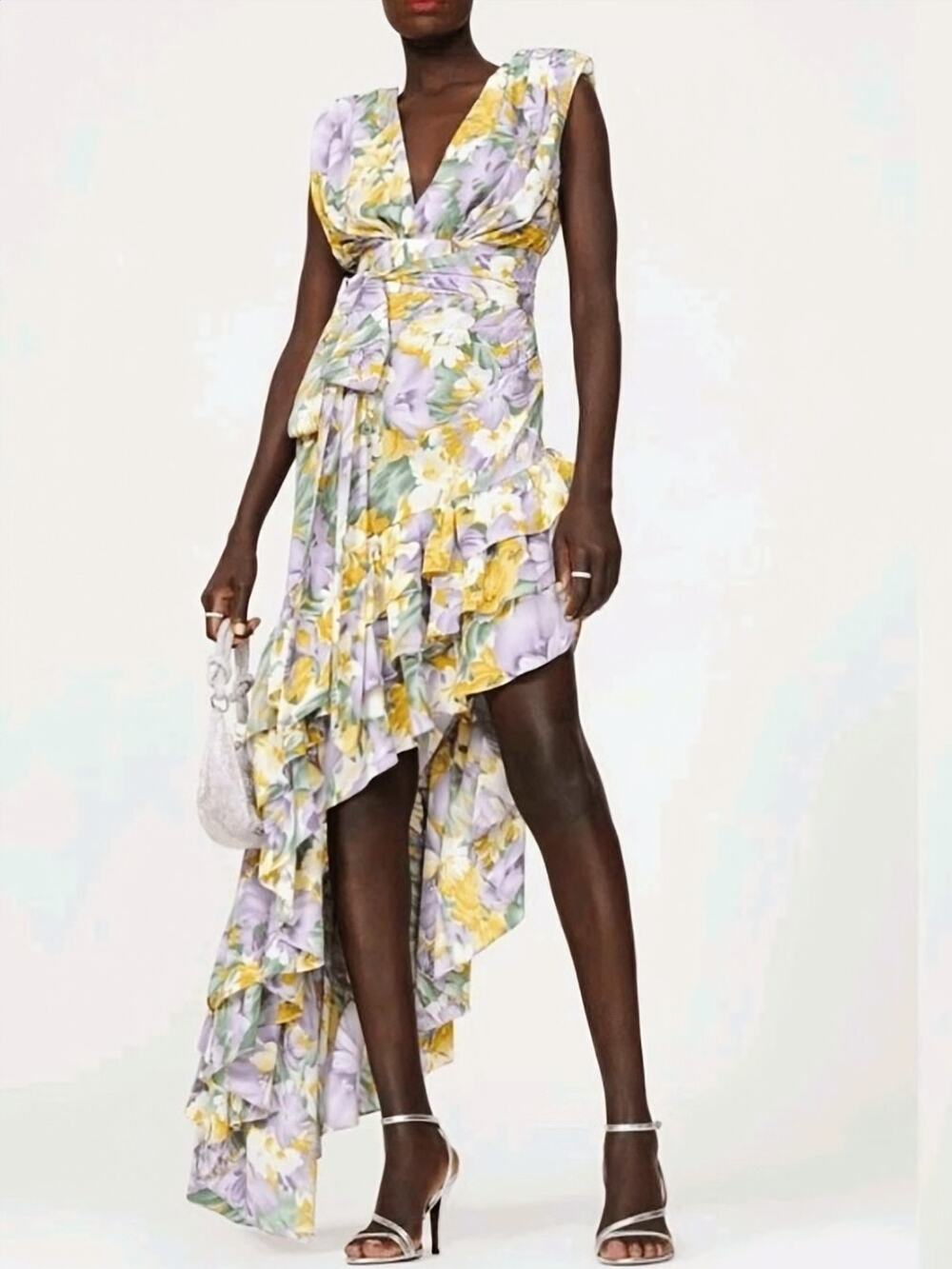 Bronx & Banco Tropics Floral Asymmetrical Ruffle Maxi Dress Silk Blend M US 6